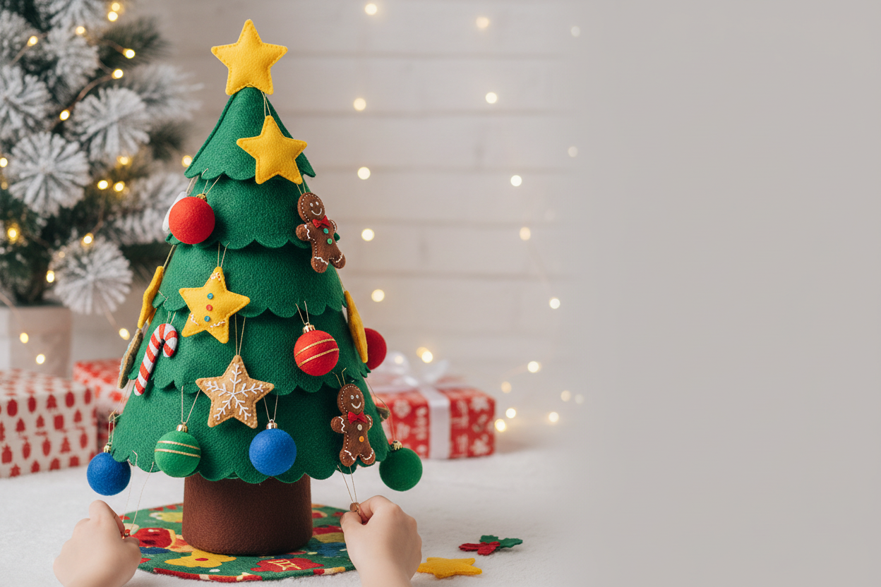 a banner for a kids store selling a Felt Christmas Tree Set with Ornaments for Kids, branded store with one product targeted for Christmas, no text included, designed for the hero section of an ecommerce website