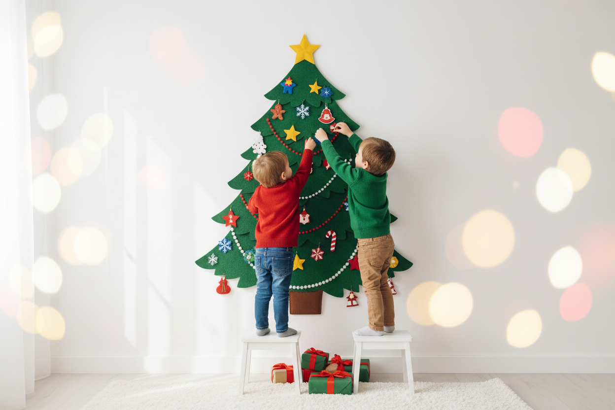 a banner for a kids store selling a Felt Christmas Tree Set with Ornaments for Kids, branded store with one product targeted for Christmas, no text included, designed for the hero section of an ecommerce website. have kids decorating the tree. the tree is about 90 cm tall and hanged on the wall. 